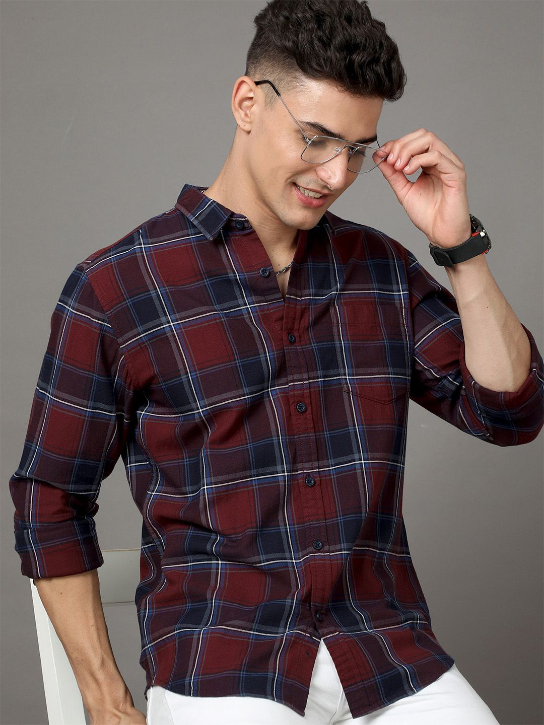 HERE&NOW Maroon Tartan Checked Slim Fit Cotton Casual Shirt