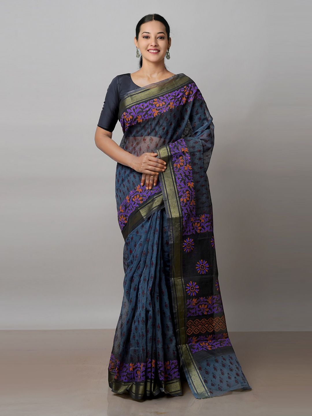 Unnati Silks Grey & Purple Ethnic Motifs Zari Pure Cotton Kota Saree Price in India