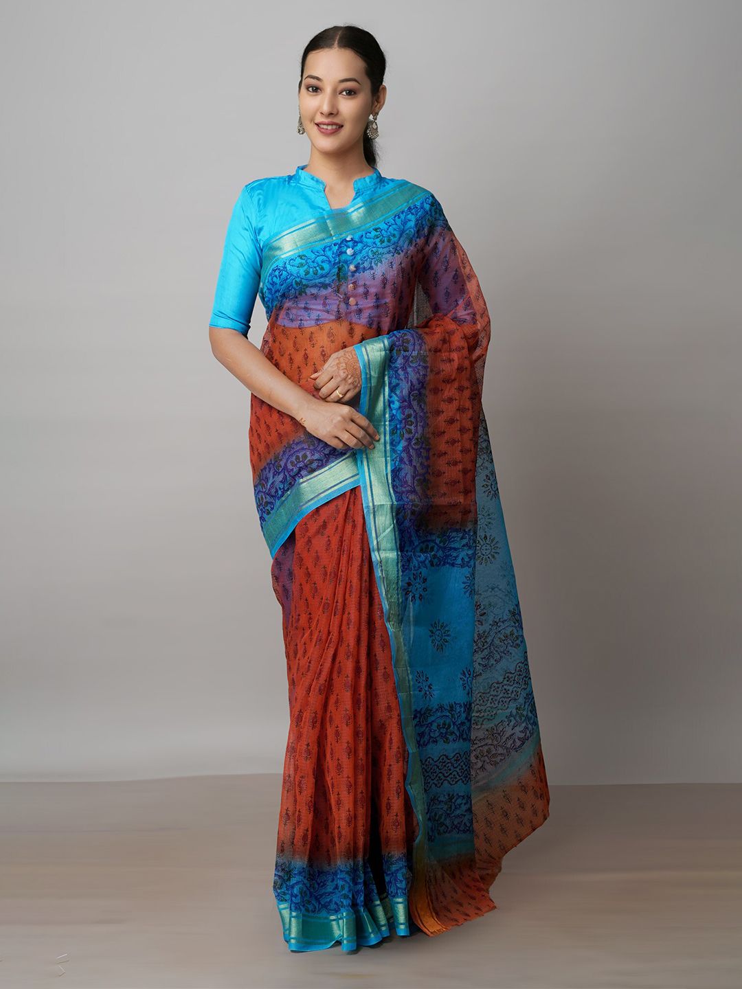 Unnati Silks Brown & Blue Ethnic Motifs Zari Pure Cotton Kota Saree Price in India