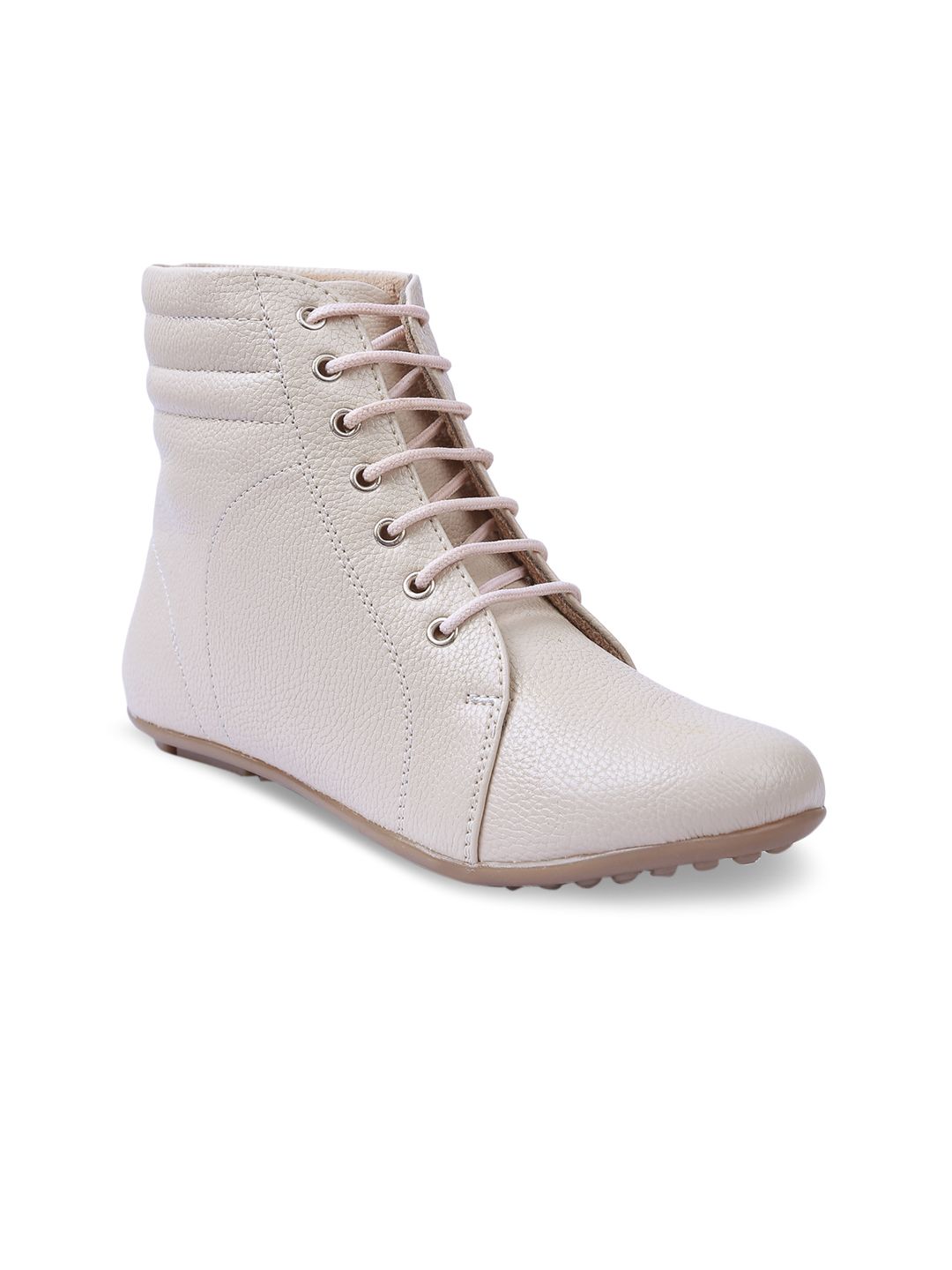 VALIOSAA Women Cream-Coloured Solid Synthetic Mid-Top Flat Boots Price in India