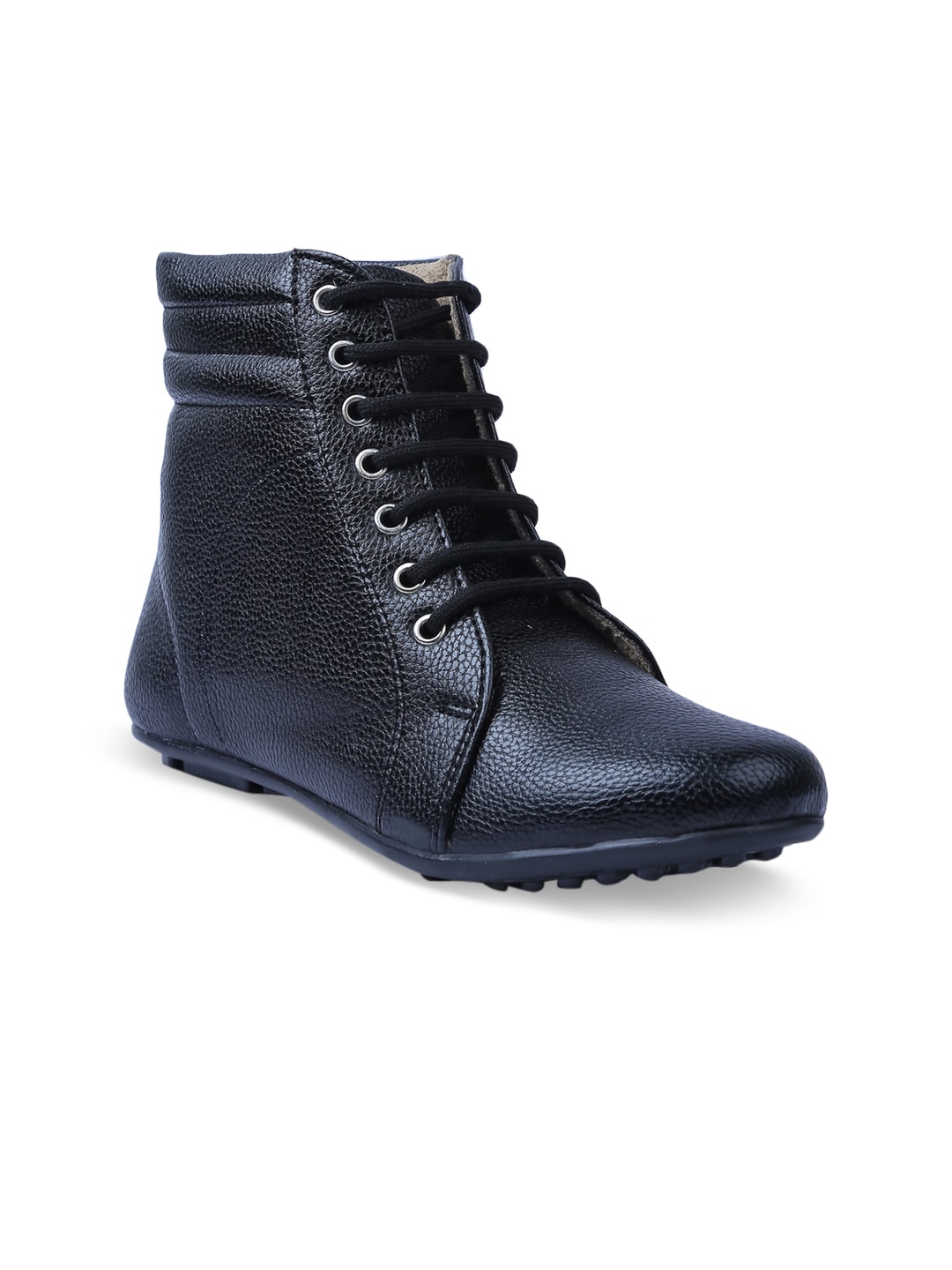 VALIOSAA Women Black Solid Synthetic Mid-Top Flat Boots Price in India