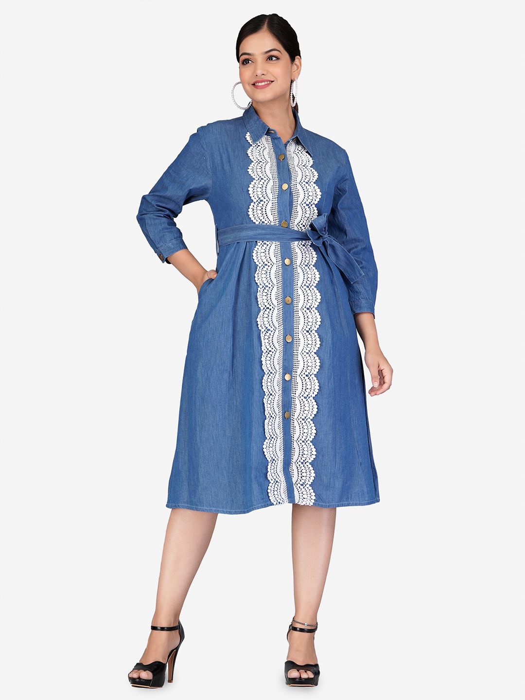 SUMAVI-FASHION Blue Ethnic Motifs Organic Cotton Denim A-Line Dress Price in India