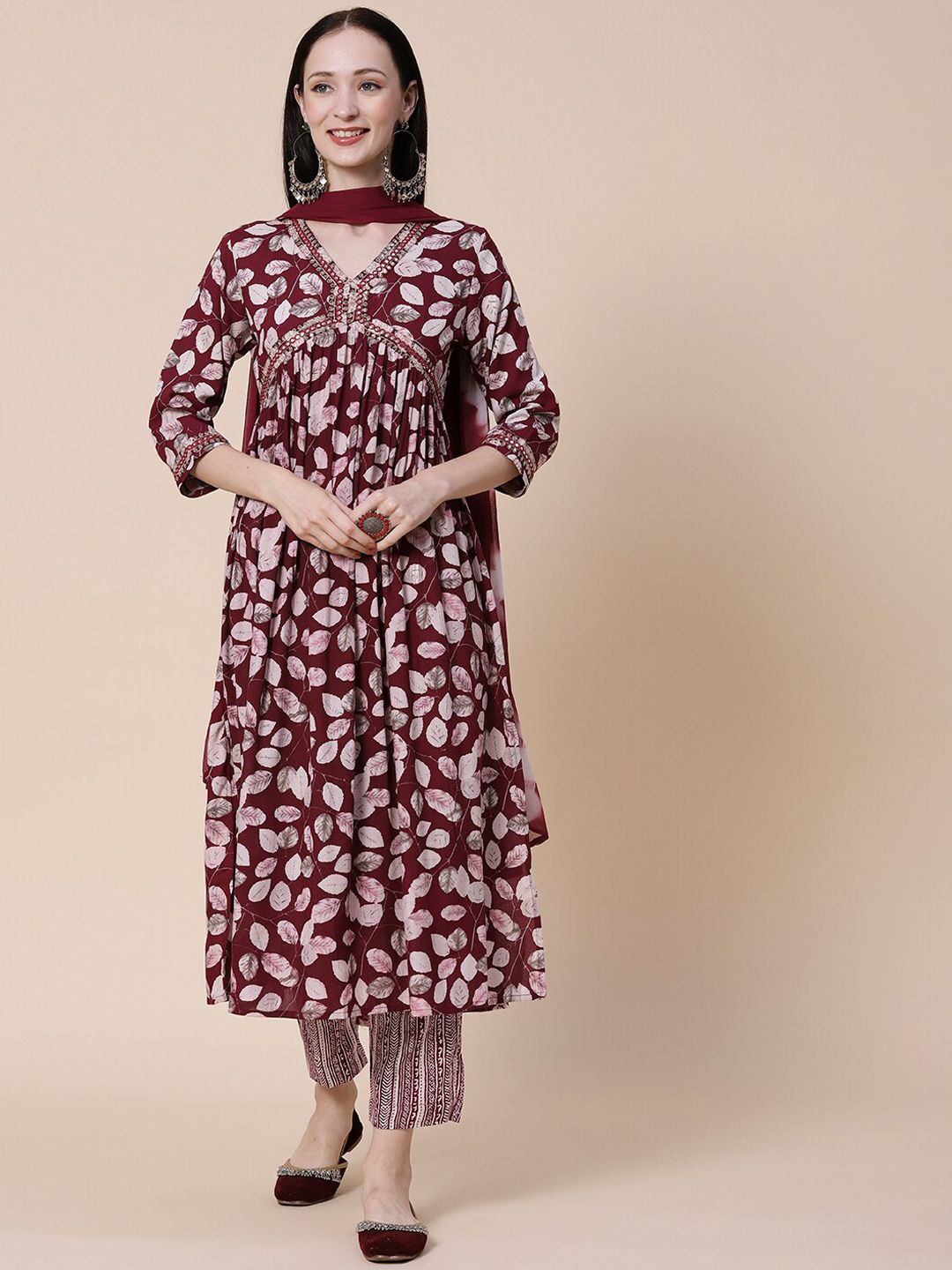 FASHOR Burgundy & White Floral Printed Mirror Work Kurta with Trousers & Dupatta Price in India