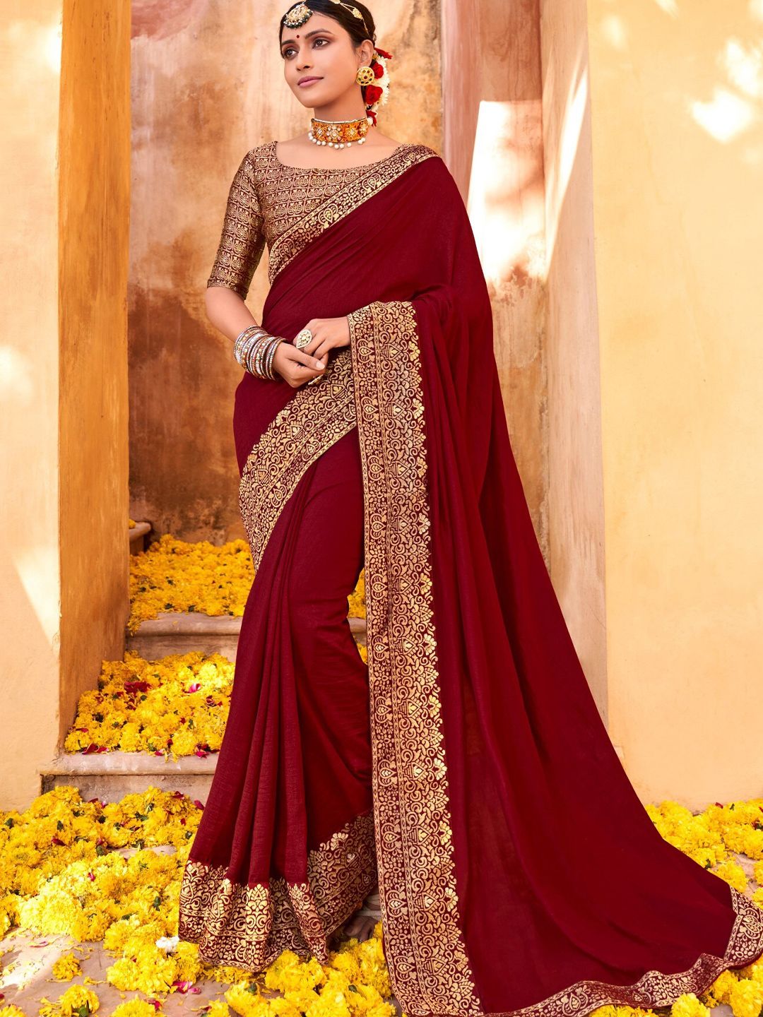 Mitera Maroon & Gold-Toned Art Silk Saree Price in India