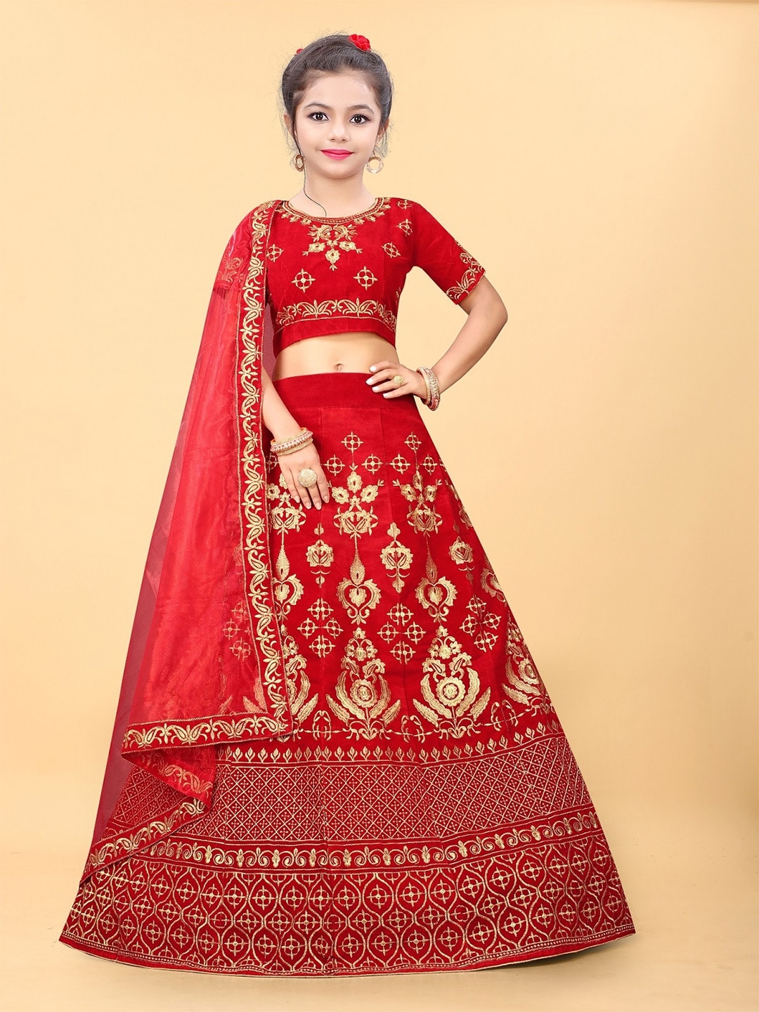 APNISHA Girls Red & Gold-Toned Embroidered Semi-Stitched Lehenga & Unstitched Blouse With Dupatta Price in India
