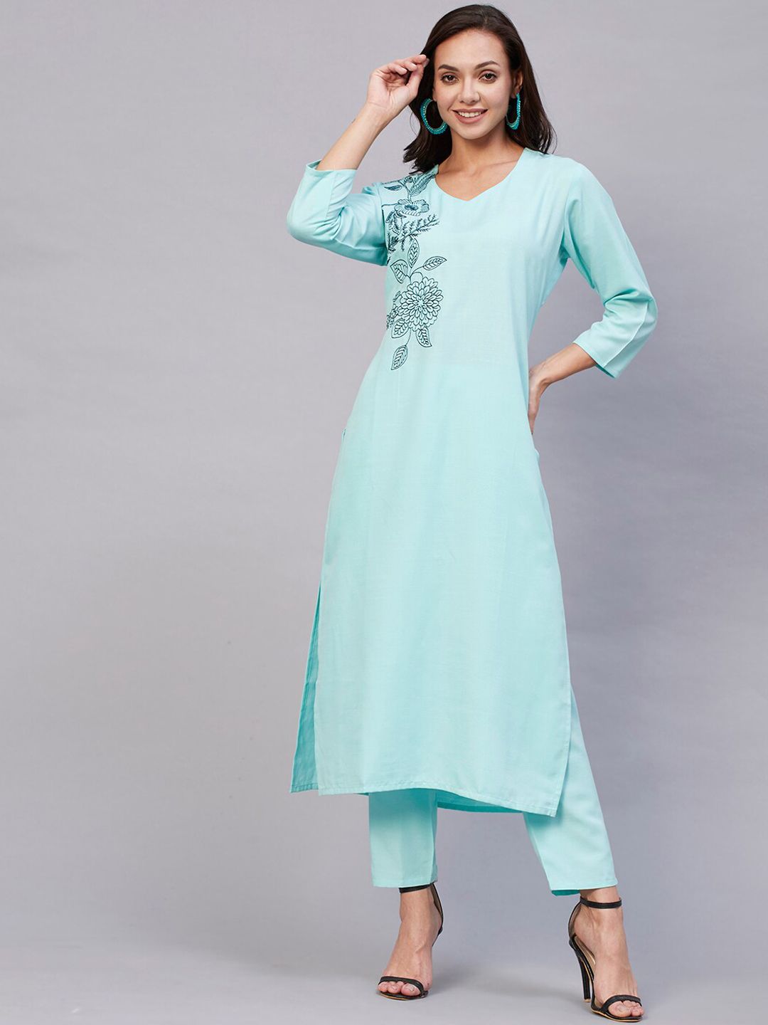 KALINI Women Blue Embroidered Regular Thread Work Kurta with Trousers Price in India
