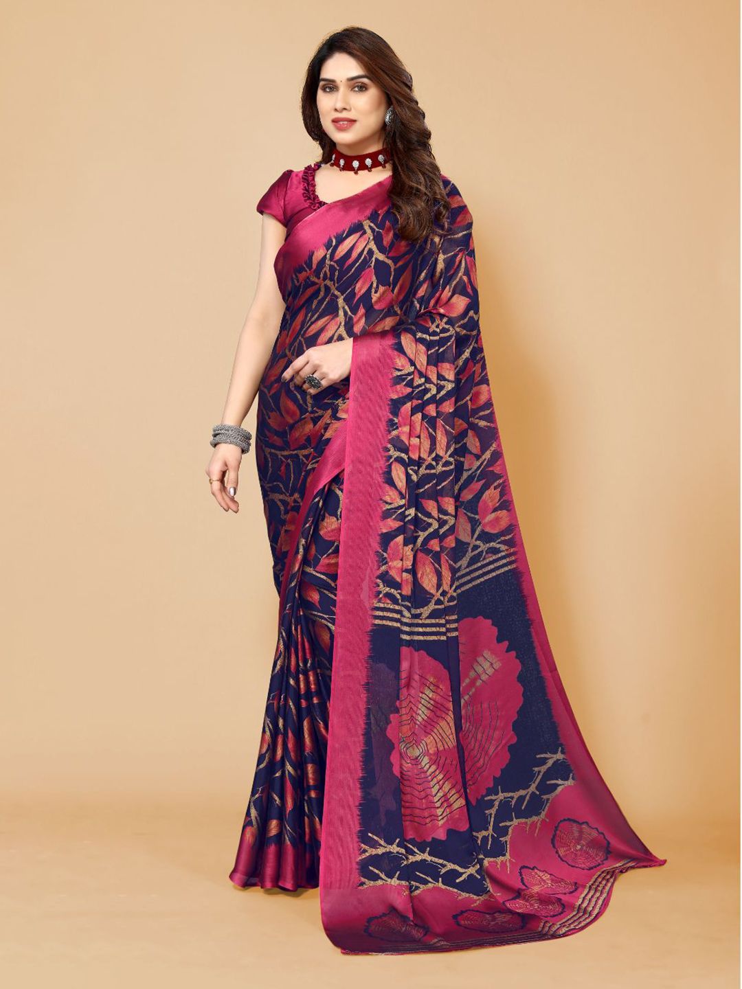 FABMORA Navy Blue & Pink Ethnic Motifs Poly Chiffon Saree Price in India