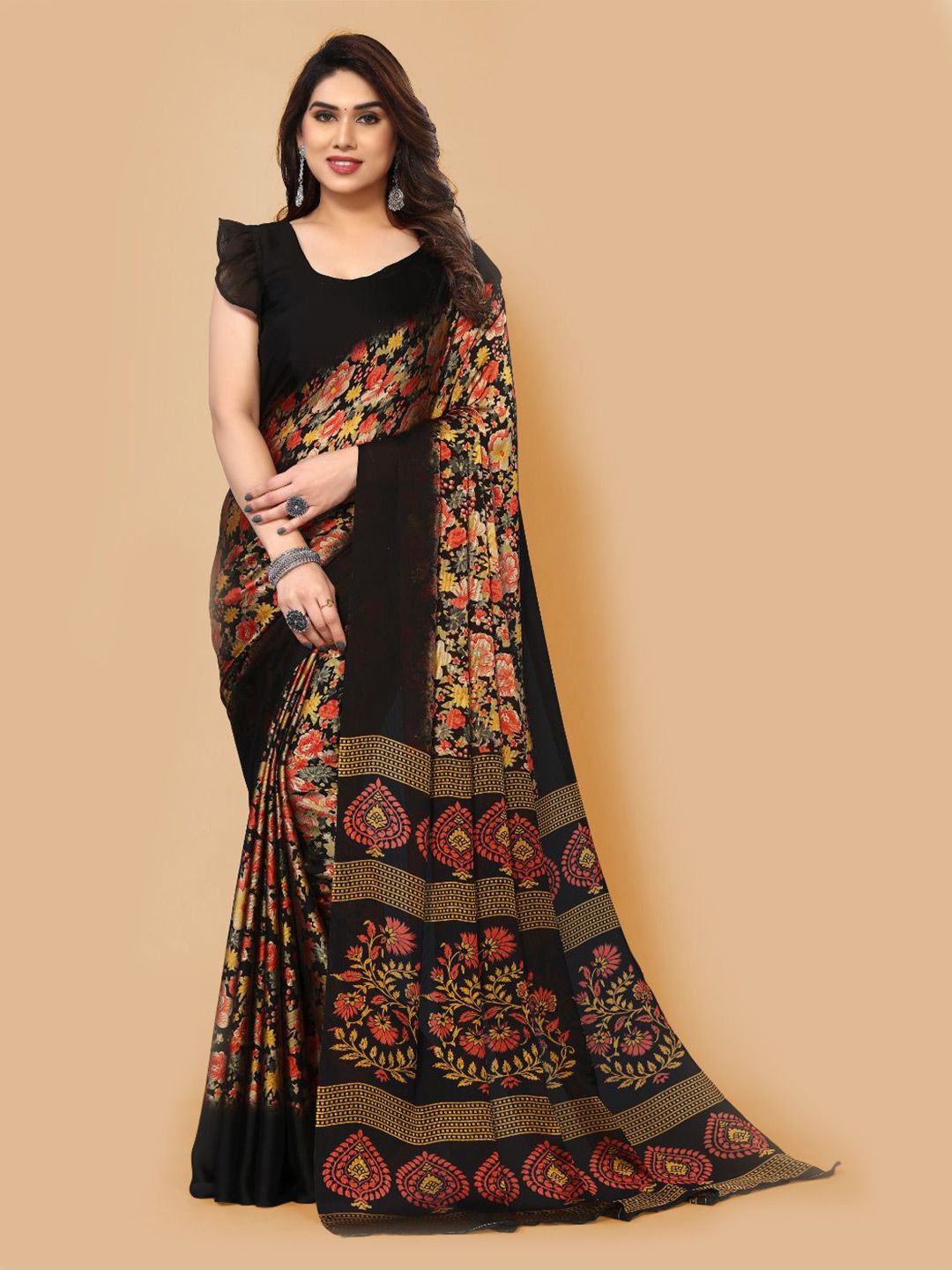 FABMORA Black & Red Floral Poly Chiffon Saree Price in India