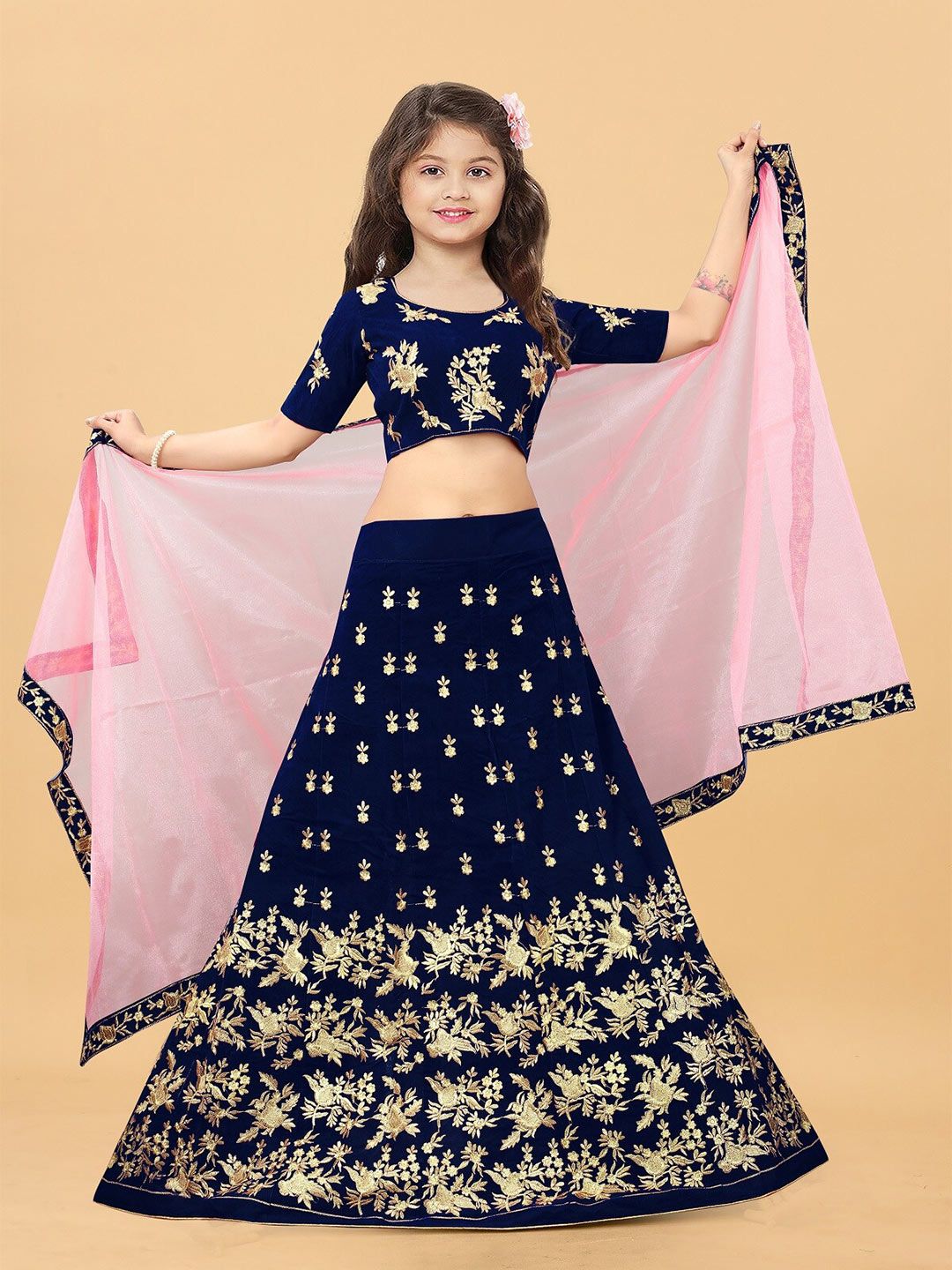 APNISHA Girls Blue & Gold-Toned Embroidered Thread Work Semi-Stitched Lehenga & Unstitched Blouse With Price in India