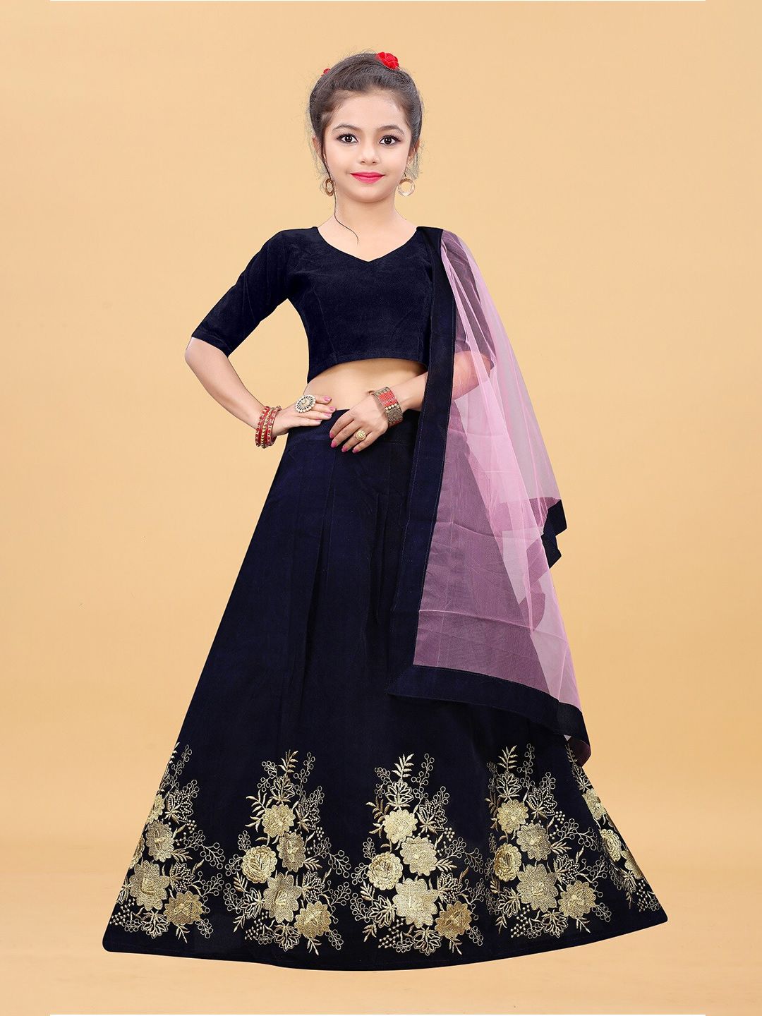 APNISHA Girls Blue & Purple Embroidered Semi-Stitched Lehenga & Unstitched Blouse With Dupatta Price in India