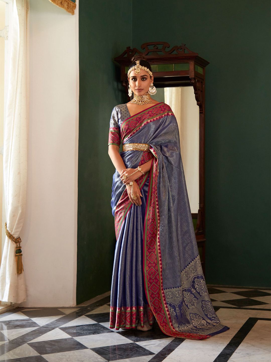 Mitera Navy Blue & Pink Woven Design Zari Silk Blend Ikat Saree Price in India