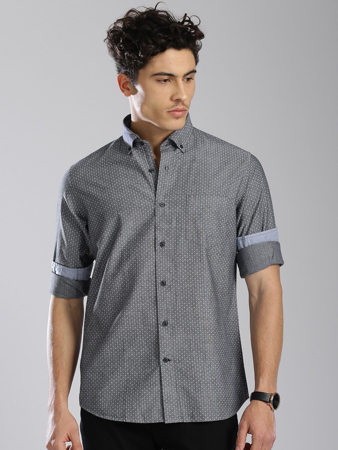 Nautica Men Grey & White Slim Fit Printed Casual Shirt