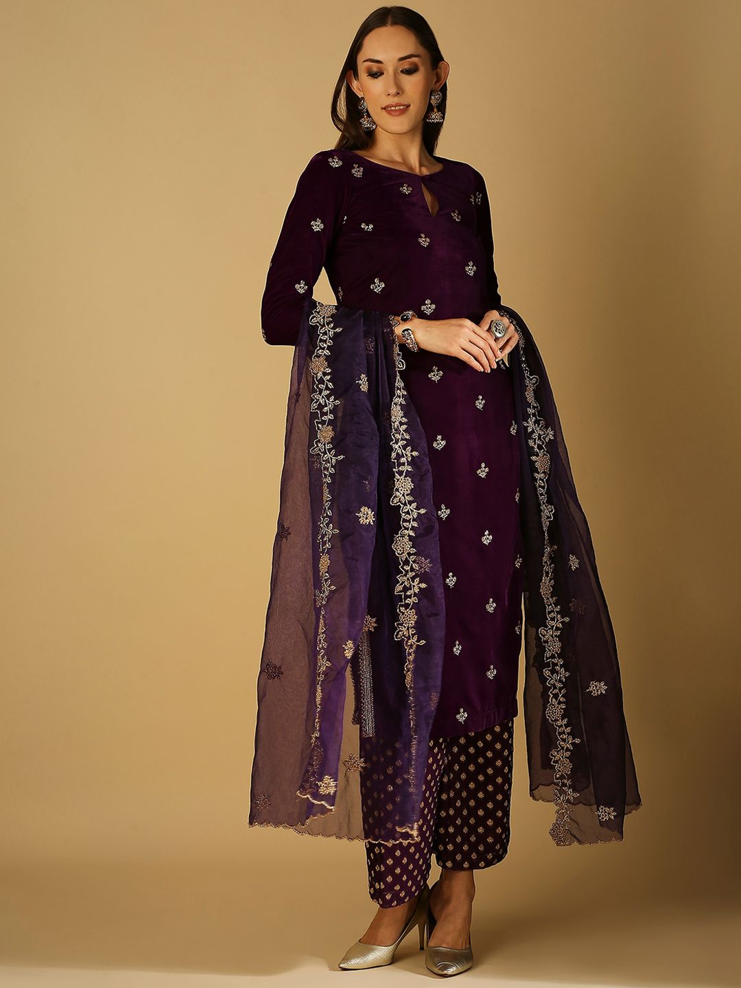 Monk & Mei Women Purple Ethnic Motifs Embroidered Regular Velvet Kurta with Palazzos & With Dupatta Price in India