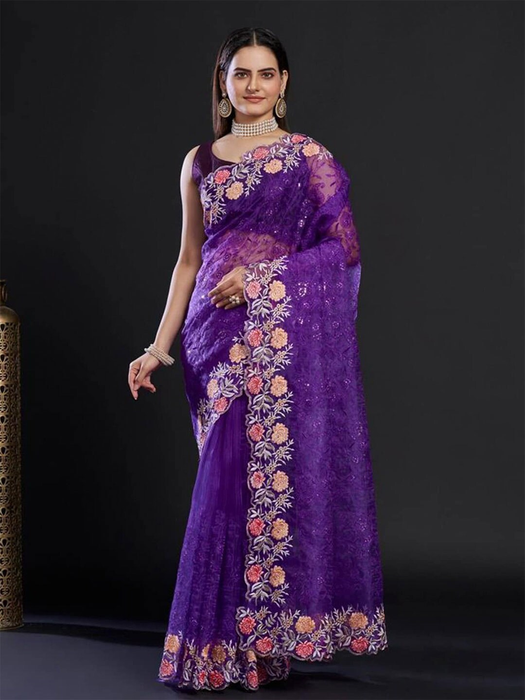 ODETTE Purple & Pink Embellished Embroidered Organza Saree Price in India