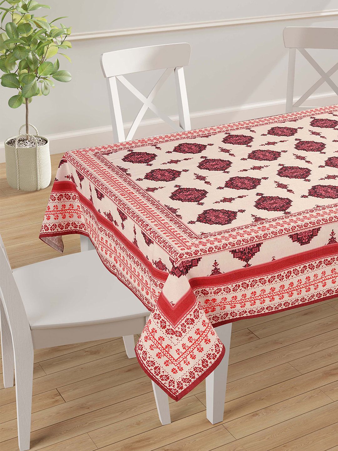 SWAYAM Beige & Red Printed 4-Seater Table Cover