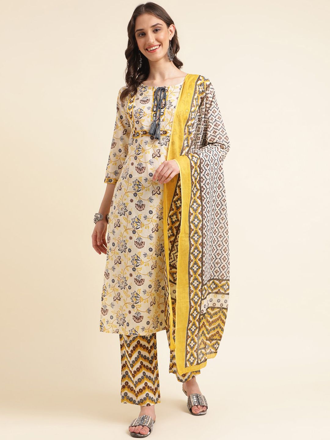 Sangria Ethnic Floral Printed Pure Cotton Kurta With Trousers & Dupatta Set Price in India
