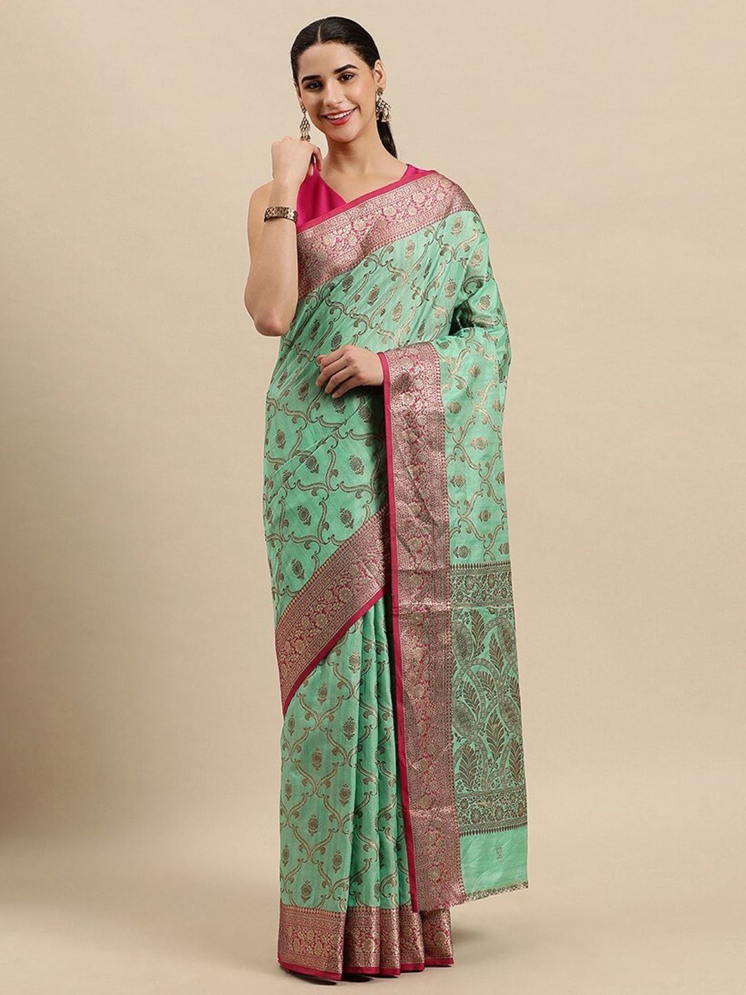Mitera Blue & Magenta Woven Design Zari Silk Blend Banarasi Saree Price in India