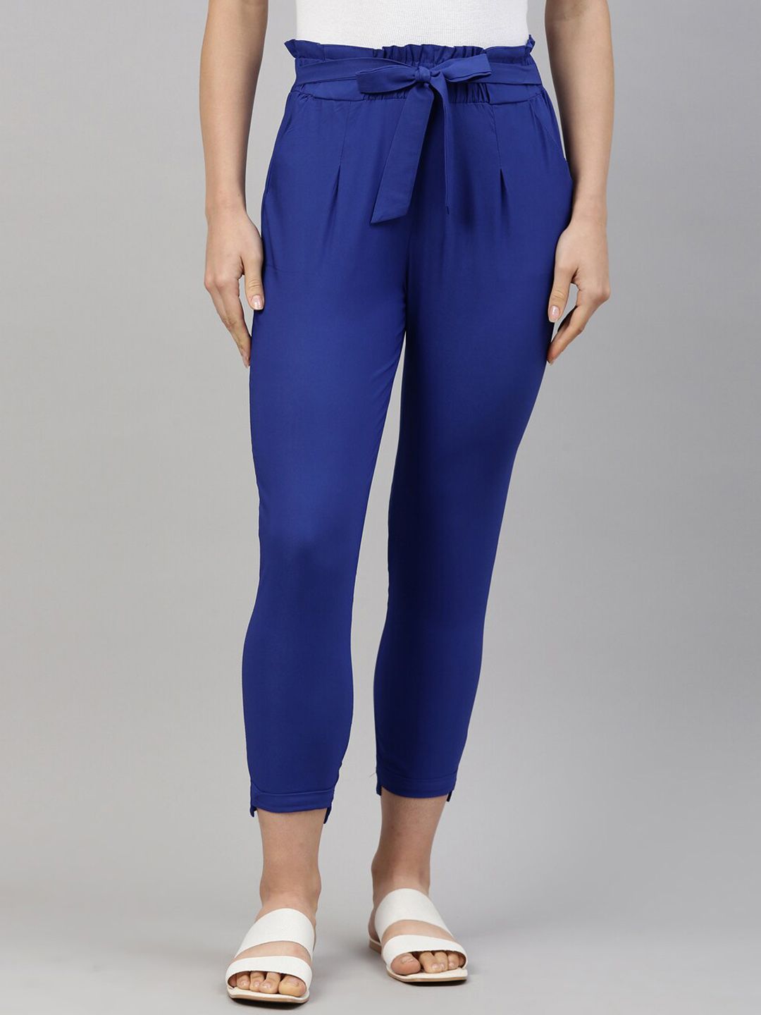 GOLDSTROMS Women Blue Relaxed Slim Fit High-Rise Pleated Trousers Price in India