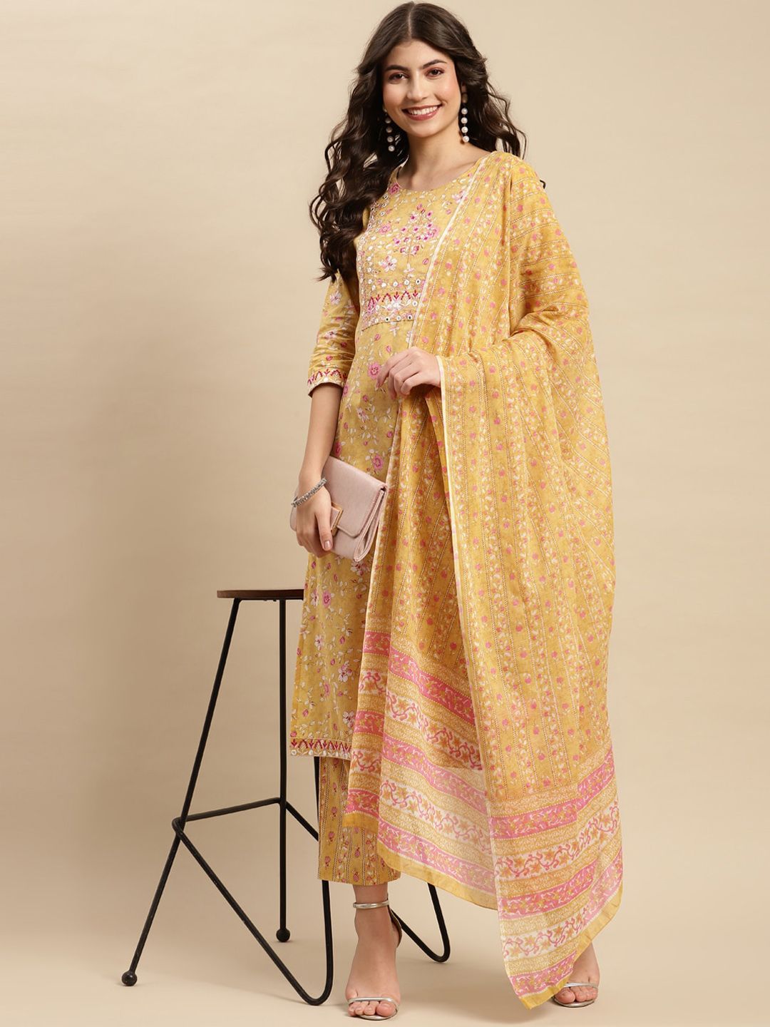 Sangria Yellow & Pink Floral Printed Pure-Cotton Straight Kurta With Trouser & Dupatta Price in India