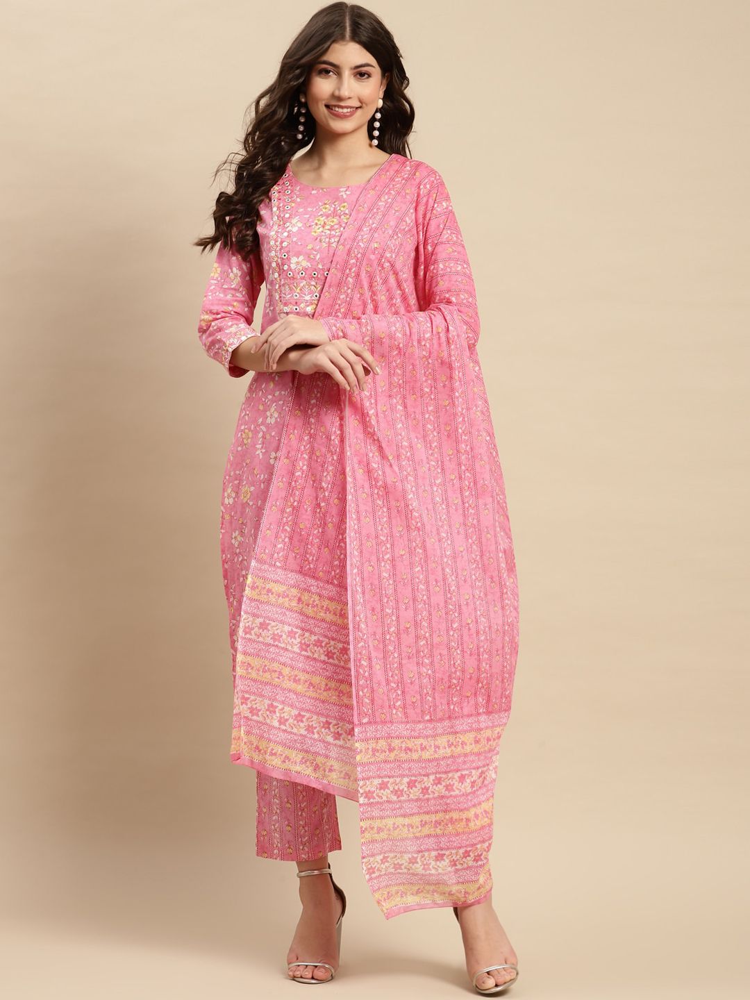 Sangria Floral Printed Pure-Cotton Straight Kurta With Trouser & Dupatta Price in India