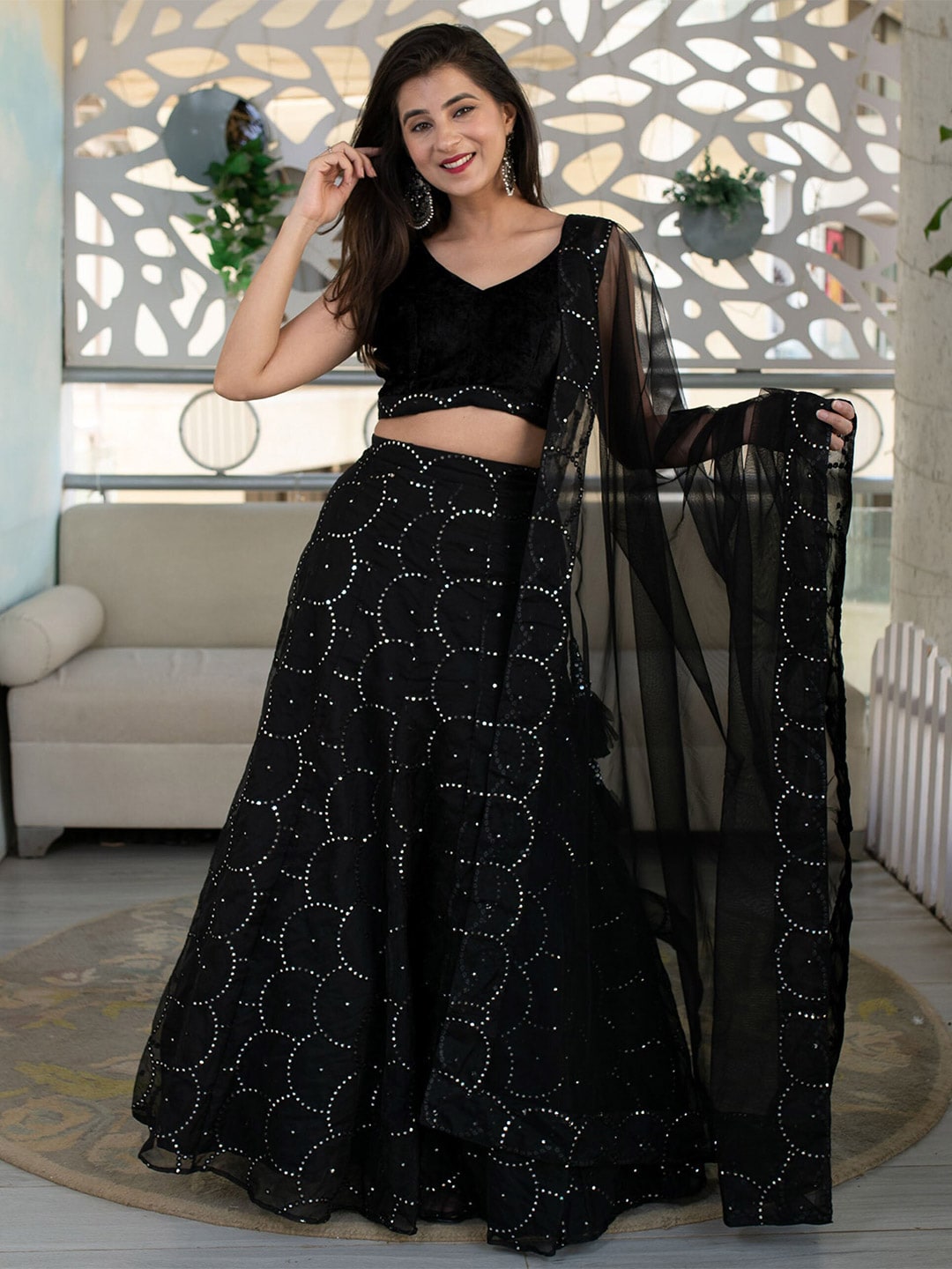 FABPIXEL Black Embroidered Sequinned Semi-Stitched Lehenga & Unstitched Blouse With Dupatta Price in India