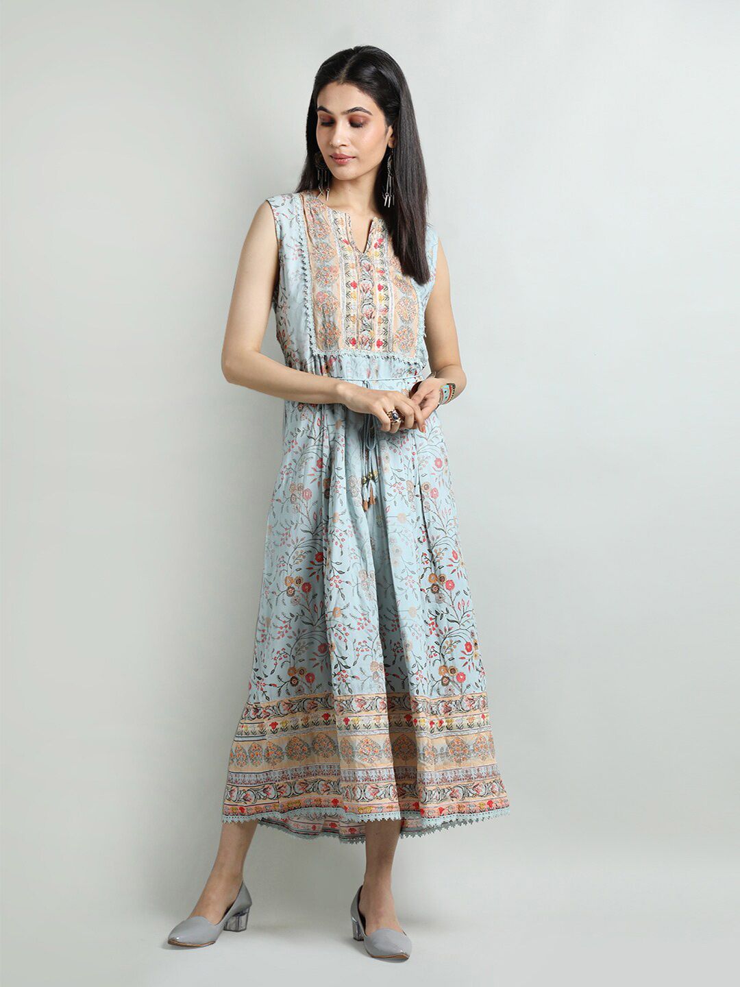 Dlanxa Floral Printed Gathered A-Line Midi Ethnic Dress Price in India