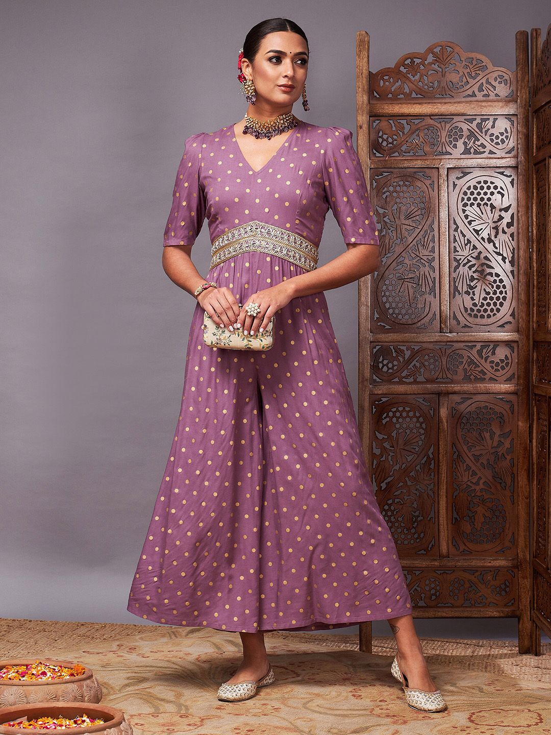 Shae by SASSAFRAS Lavender Polka Dots Printed V-Neck Basic Jumpsuit Price in India