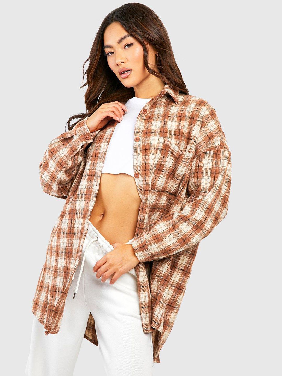 Boohoo Tartan Checked Oversized Casual Shirt