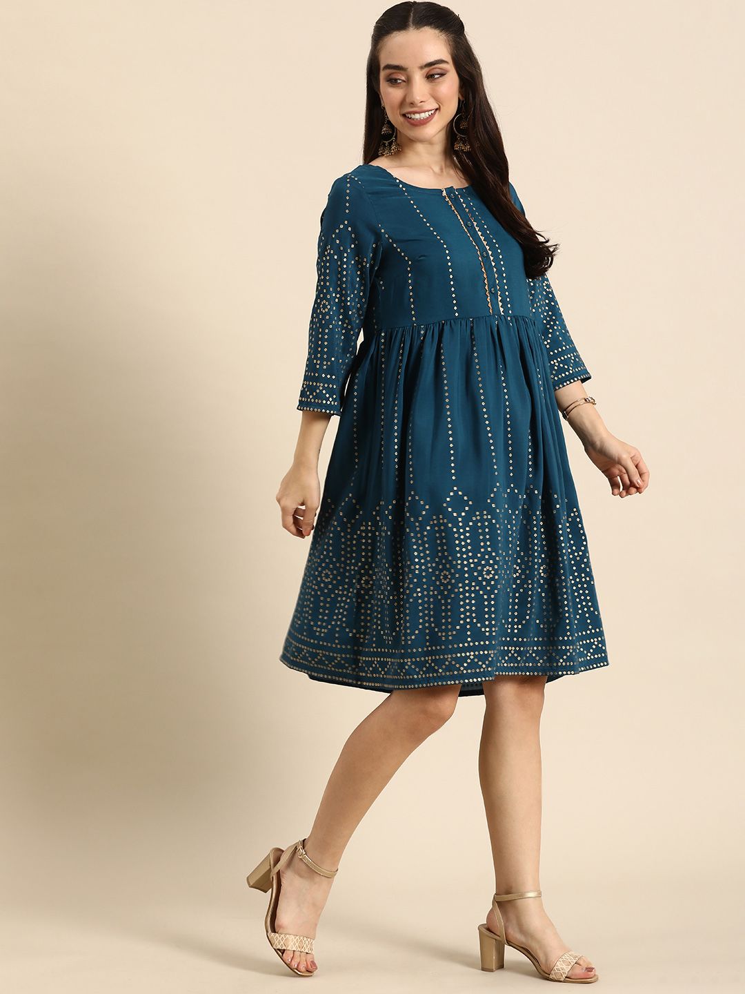 Buy Anouk Round Neck Geometric Printed Knee-Length A-Line Ethnic Dress - Ethnic  Dresses for Women 23545066 | Myntra