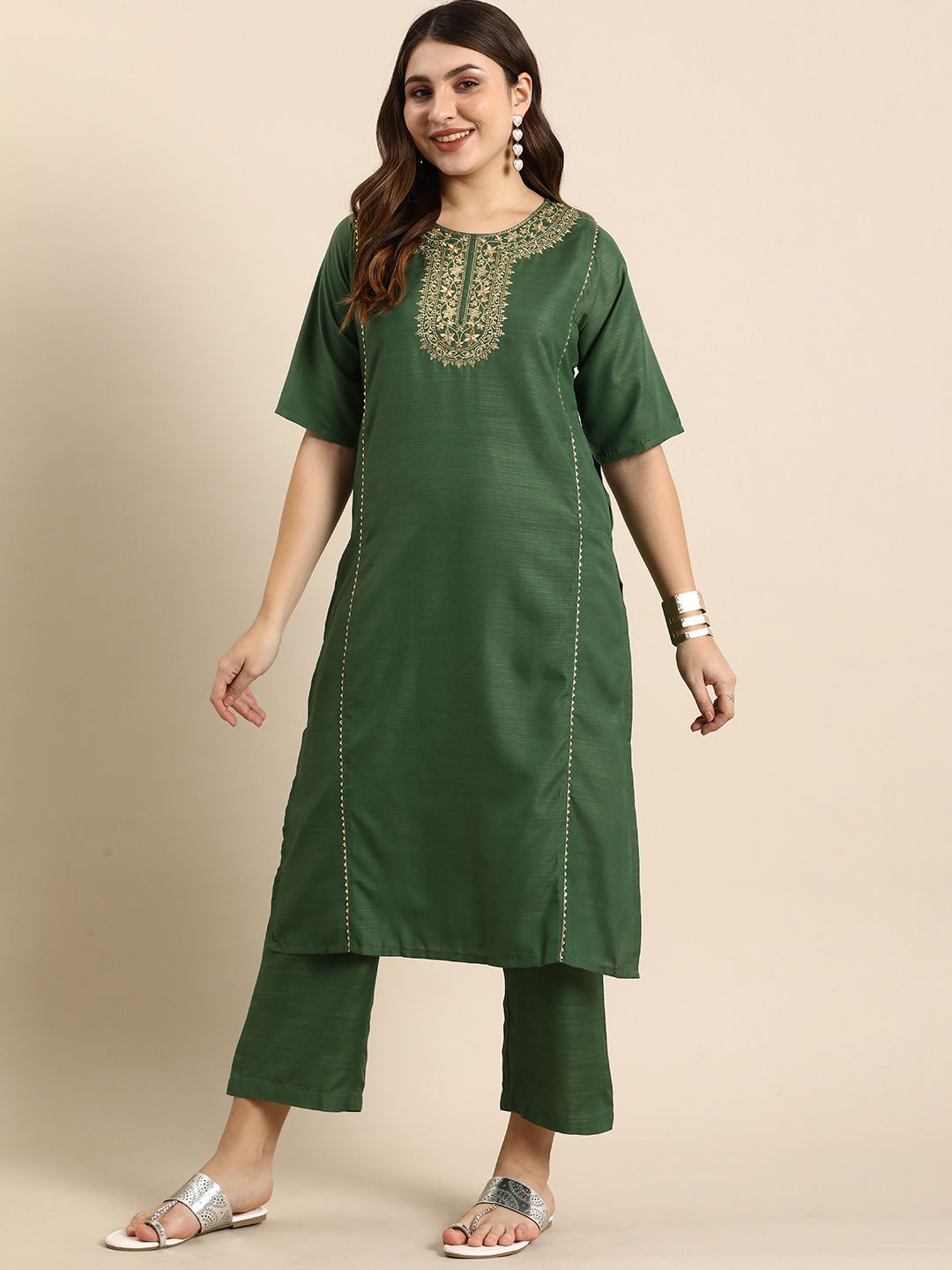 Anouk Women Zari Floral Yoke Design High Slit Kurta with Trousers Price in India