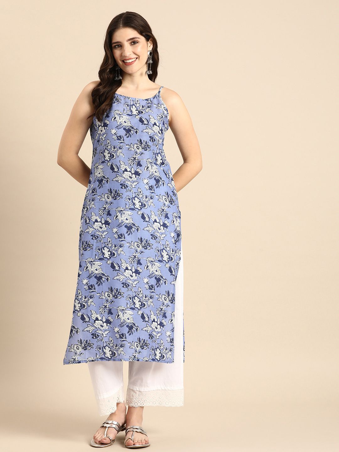 Anouk Ethnic Motifs Printed Sleeveless Pure Cotton Straight Kurta Price in India