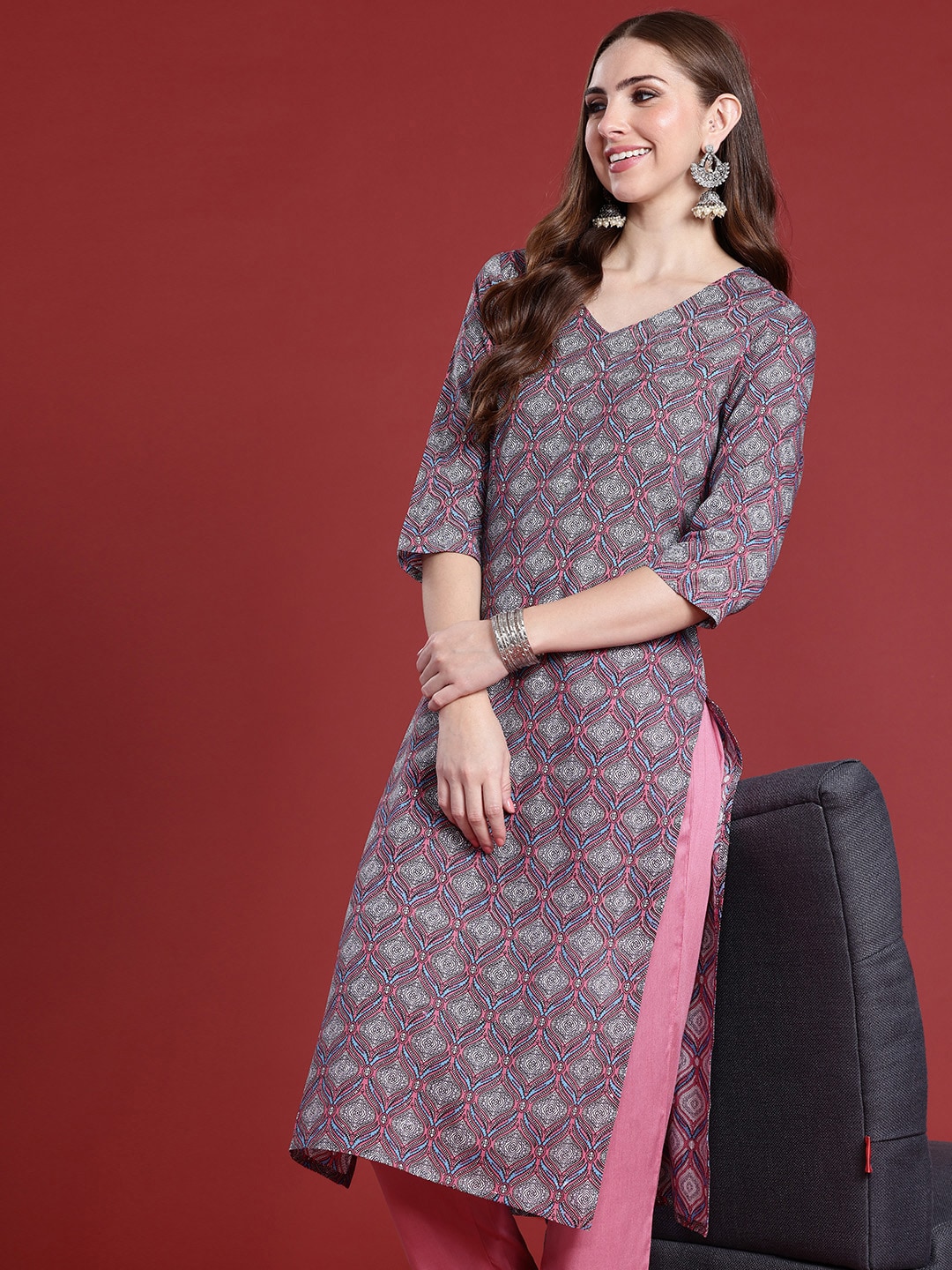 Anouk Women Pink Ethnic Motifs Printed Regular Kurta with Trousers Price in India