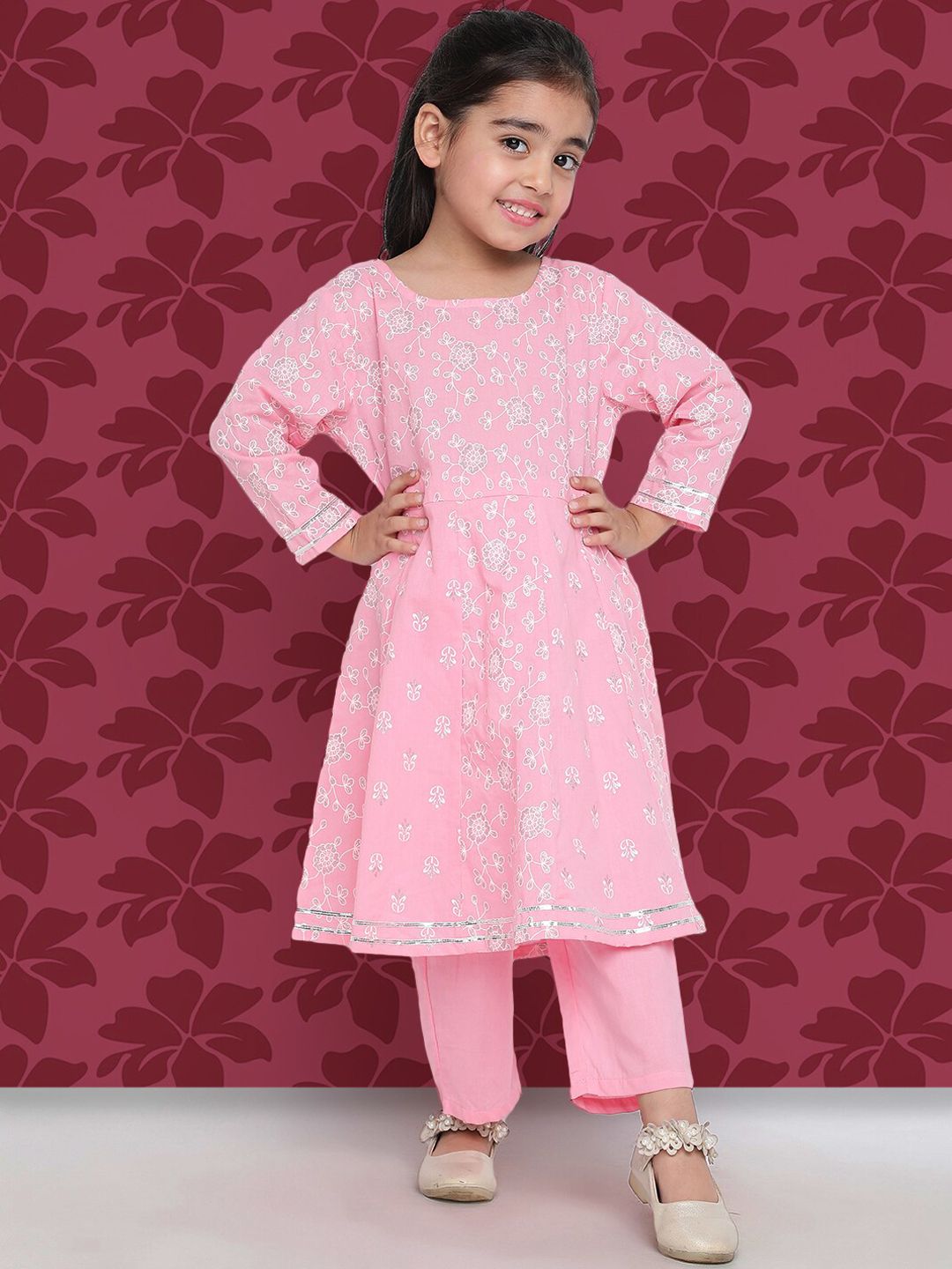 Indo Era Girls Pink Floral Printed Regular Kurta with Trousers