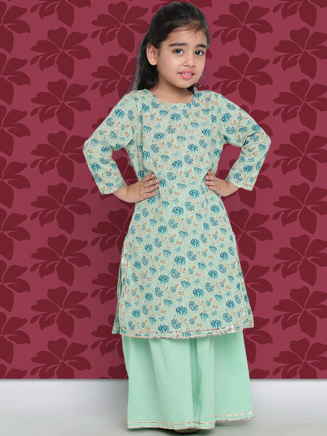 Indo Era Girls Green Floral Printed Regular Kurta with Palazzos