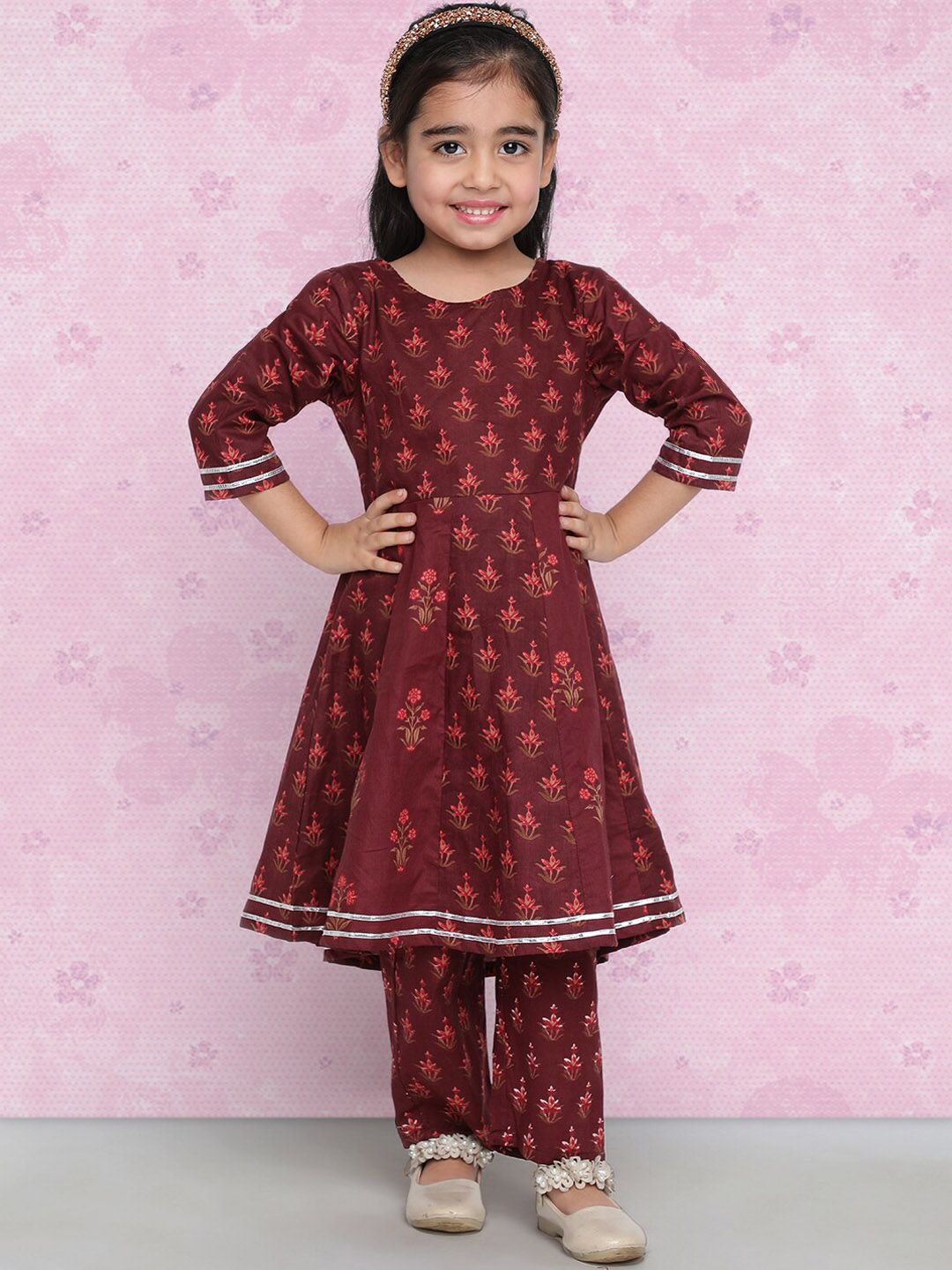 Indo Era Girls Maroon Ethnic Motifs Printed Regular Kurta With Trousers
