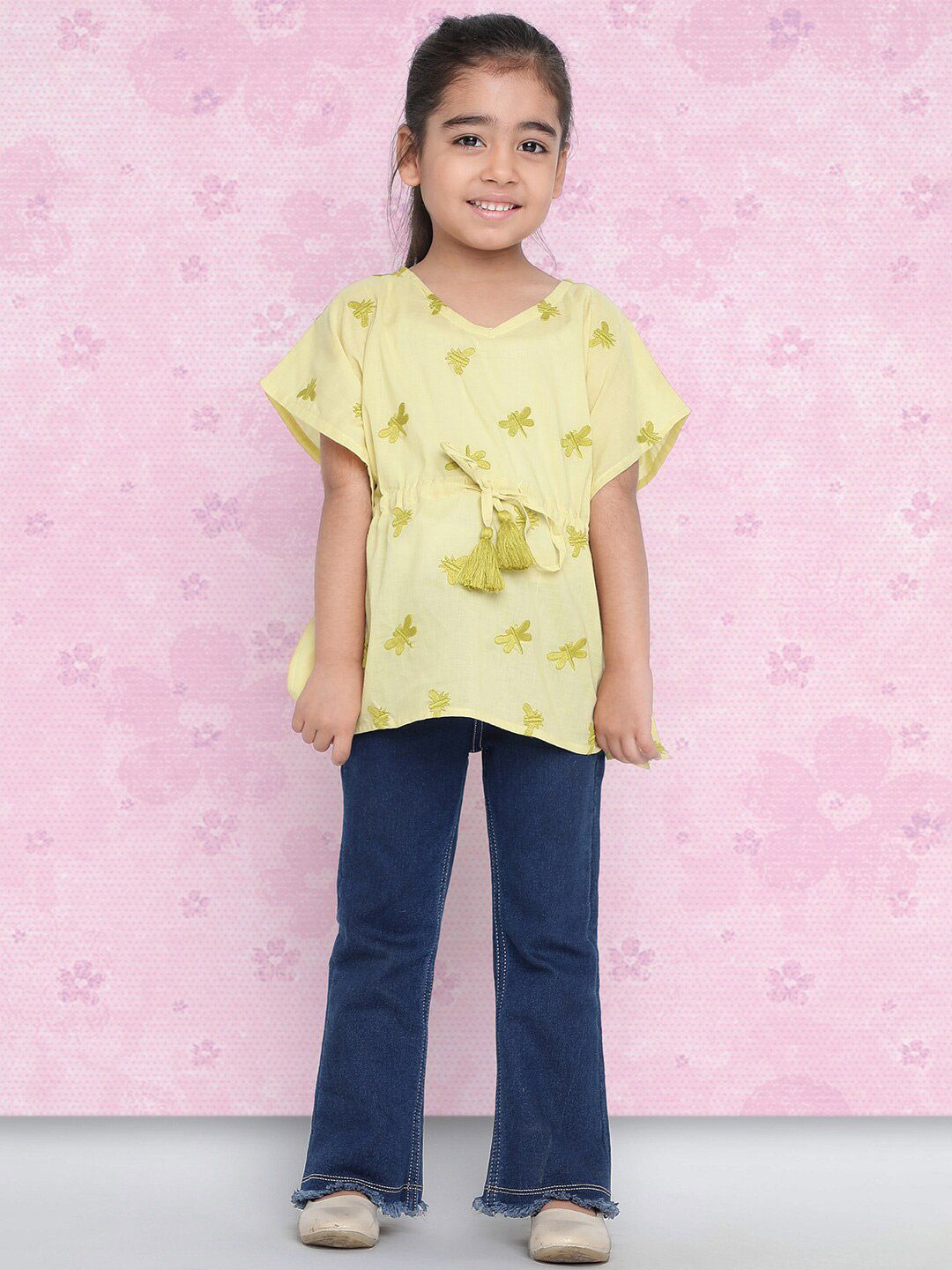 Indo Era Girls Green Embroidered Extended Sleeves Pure Cotton Kaftan Top