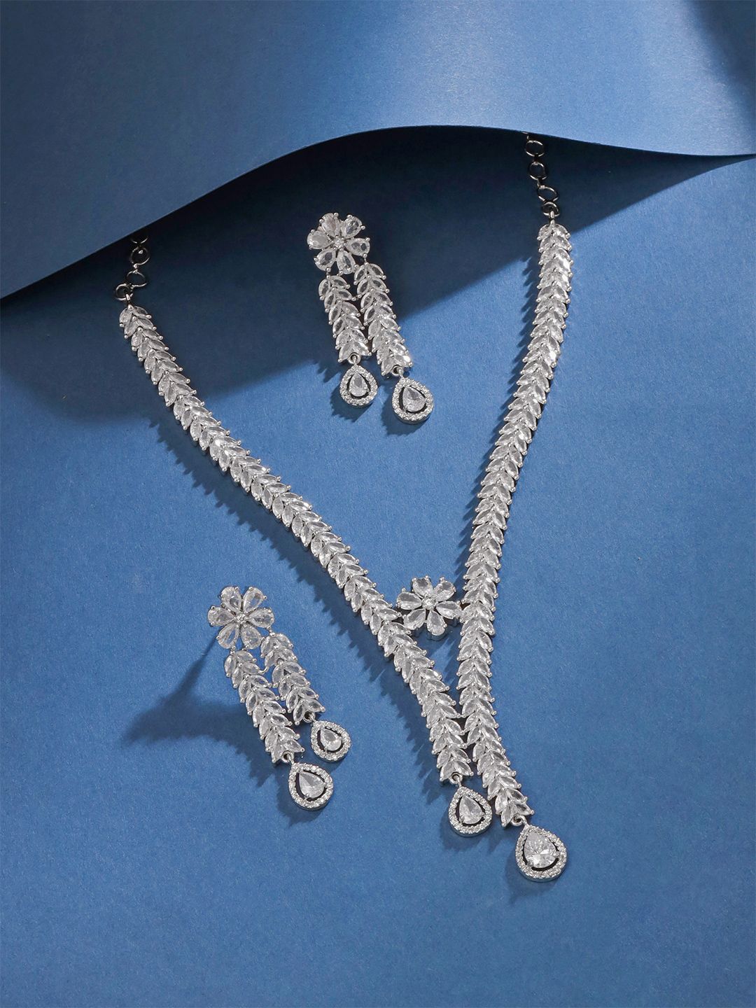 Rhodium Plated Jewellery Set Yellow Chimes Rhodium Plated American Diamond Studded Jewellery Set