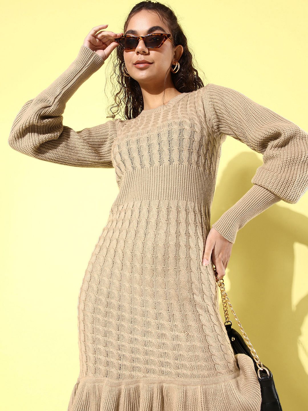 Roadster Dewy Beige Fascination Infatuation Cable Knit Sweater Dress Price in India