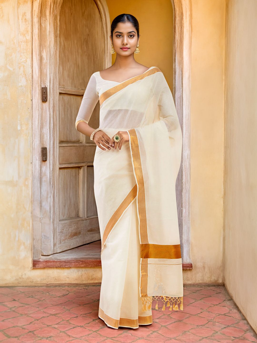 Soch Soch Off-White & Gold Zari Pure Cotton Kasavu Saree