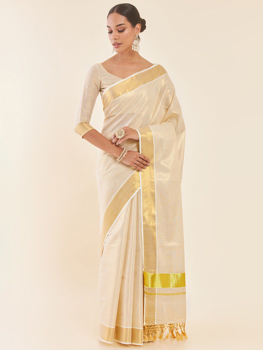 Soch Off White & Gold-Toned Zari Tissue Kasavu Saree Price in India