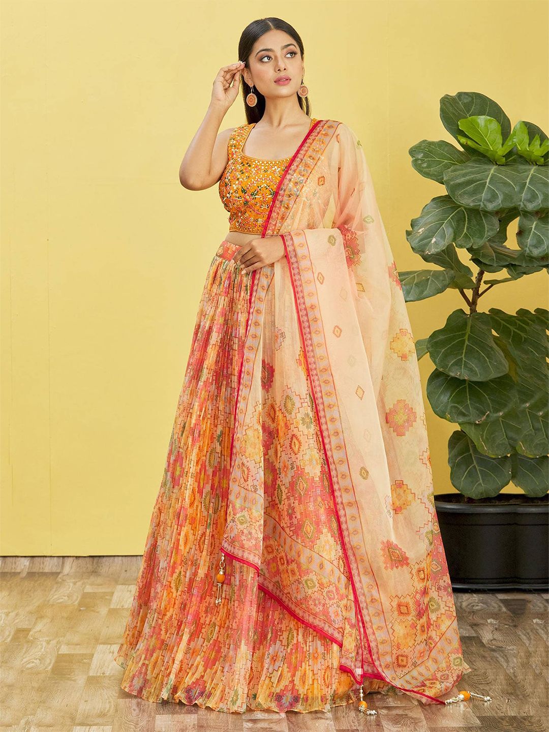 FABPIXEL Yellow & Green Embroidered Thread Work Kalamkari Semi-Stitched Lehenga & Unstitched Blouse With Price in India