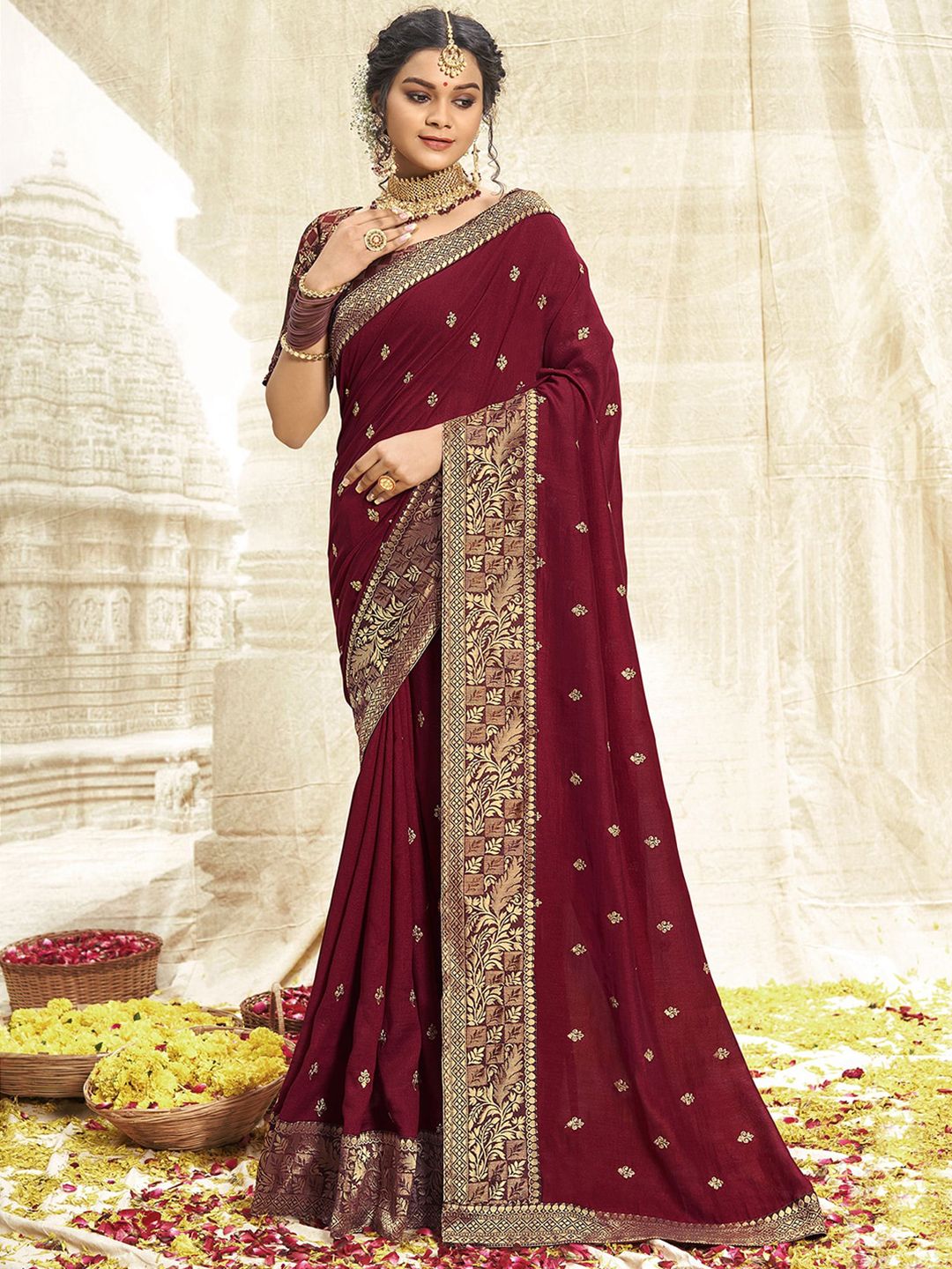 Mitera Brown & Gold-Toned Floral Embroidered Saree Price in India