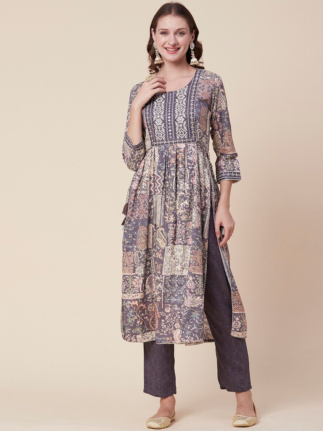 FASHOR Paisley Printed Pleated Mirror Work Kurta with Trousers Price in India
