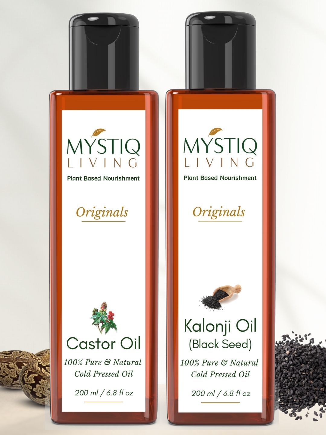 MYSTIQ LIVING 100% Pure Cold-Pressed Castor & Kalonji Hair & Skin Care Oil - 200ml Each