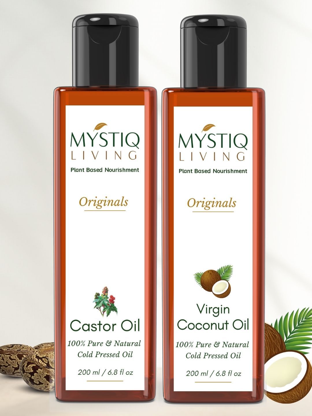MYSTIQ LIVING 100% Pure Cold-Pressed Castor & Coconut Hair & Skin Care Oil - 200ml Each