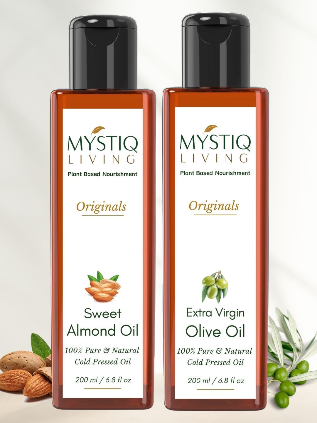 MYSTIQ LIVING 100% Pure Cold-Pressed Olive & Almond Hair & Skin Care Oil - 200ml Each