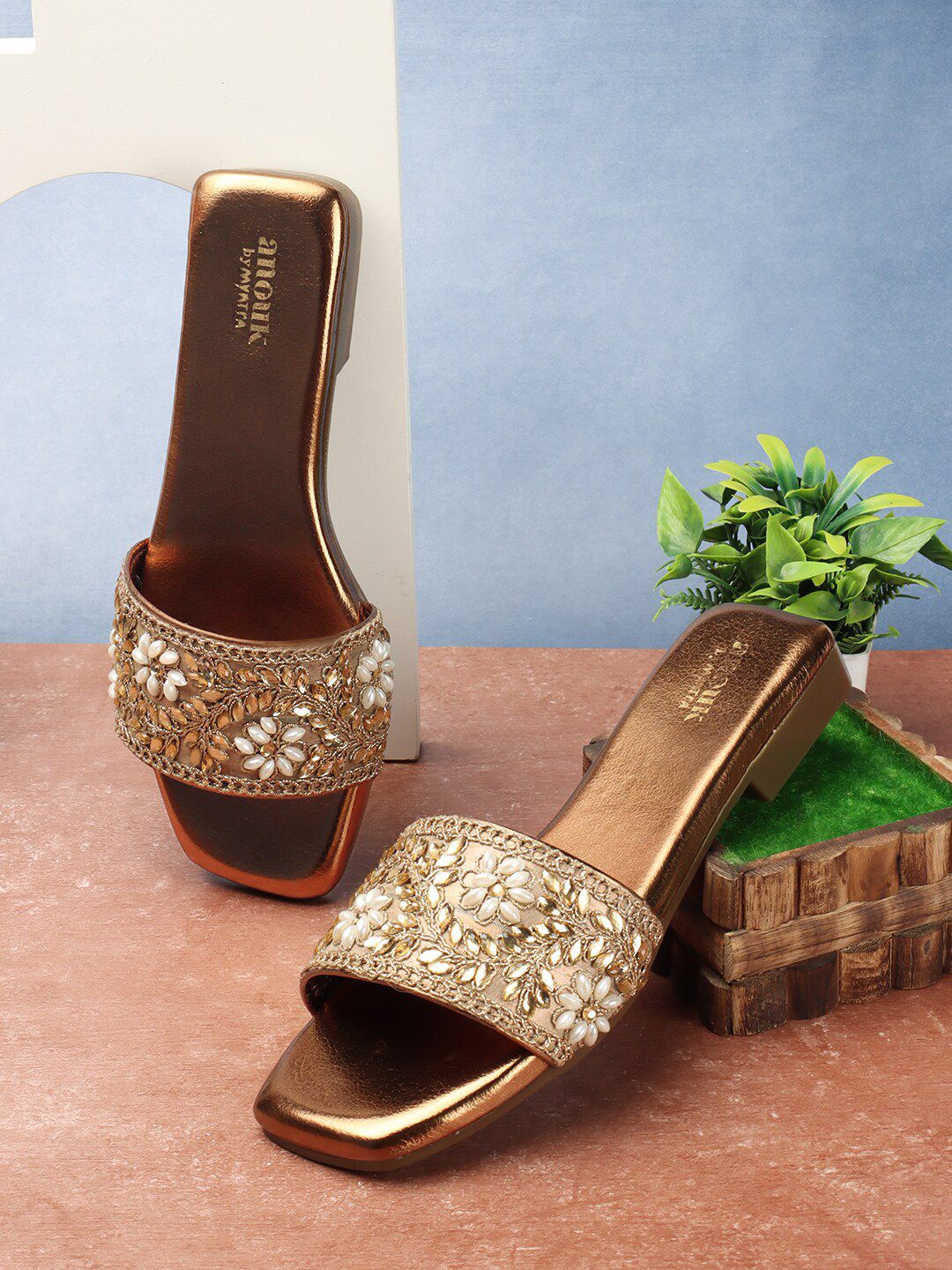 Anouk Copper-Toned Embellished Open Toe Flats Price in India