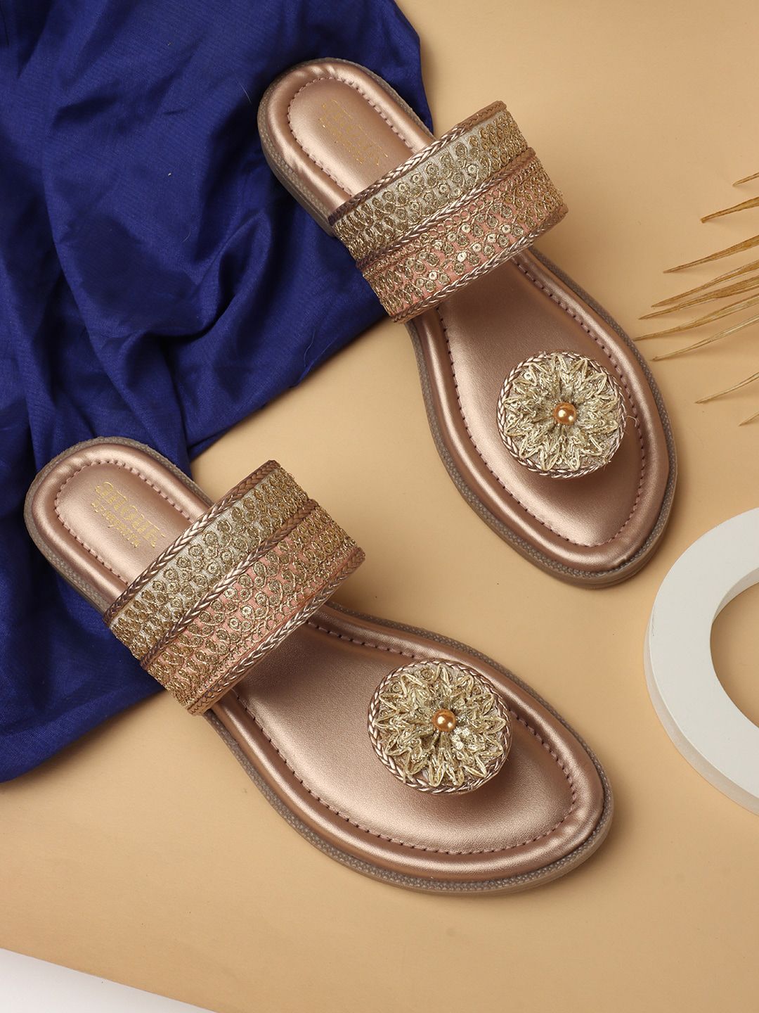 Anouk Gold-Toned Embellished One Toe Flats Price in India