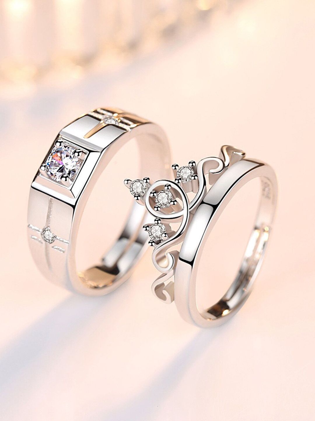 Fashion Frill Set Of 2 Silver-Plated CZ-Studded Adjustable Couple Finger Rings