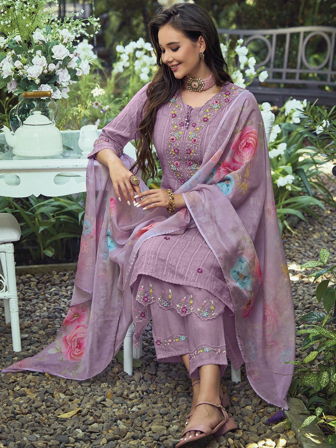 Indo Era Lavender & Red Floral Embroidered Pure Cotton Kurta With Trousers & Dupatta Price in India